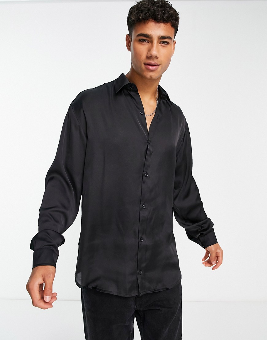 Jack & Jones Premium satin long sleeve shirt in black