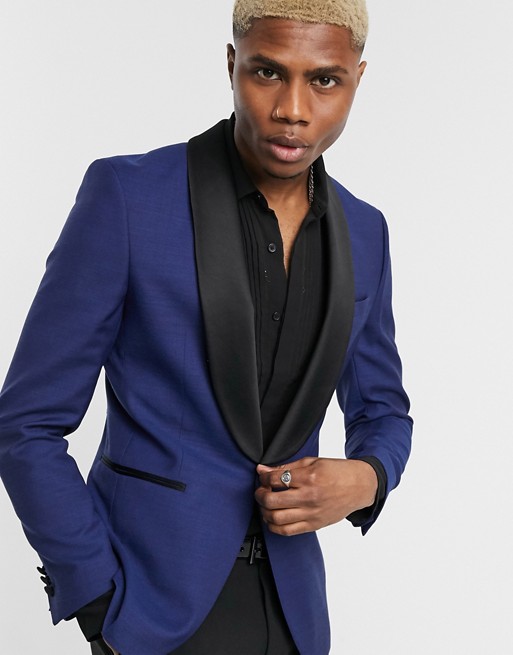 Jack & Jones Premium satin shawl lapel tux suit jacket in blue