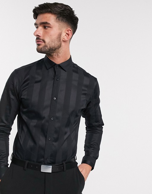 Jack & Jones Premium satin tonal stripe smart shirt in black