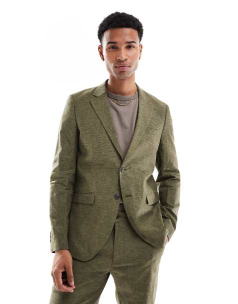 Jack & Jones Premium – Schmal geschnittene Anzugjacke aus Leinen in Olivgrün - view 1