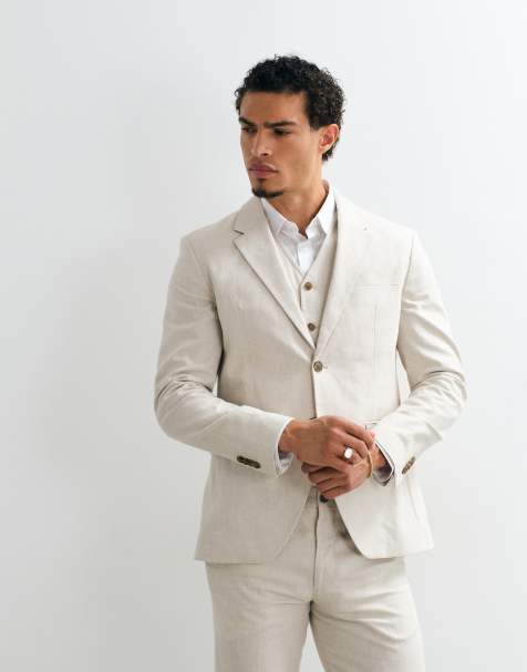 Jack & Jones Premium – Schmal geschnittene Anzugjacke aus Leinenmix in Beige, Kombiteil - view 1