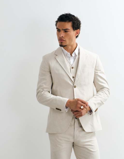 Jack & Jones Premium – Schmal geschnittener Anzug aus Leinenmix in Beige, Kombiteil, 2 von 4