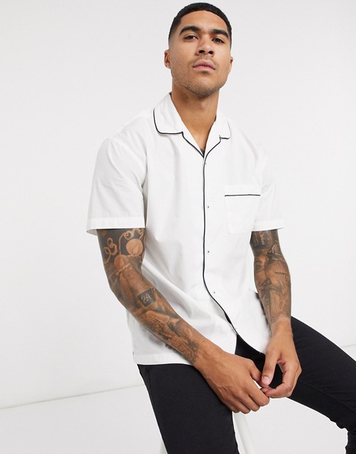 Jack & Jones Premium short sleeve revere collar shirt with piping in white