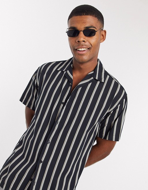 Jack & Jones Premium short sleeve revere collar striped shirt in black