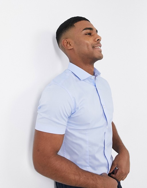 Jack & Jones Premium short sleeve smart stretch shirt in light blue