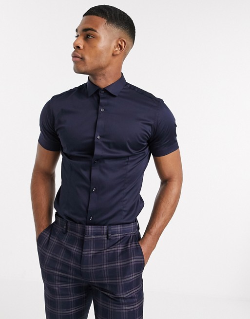Jack & Jones Premium short sleeve smart stretch shirt in navy