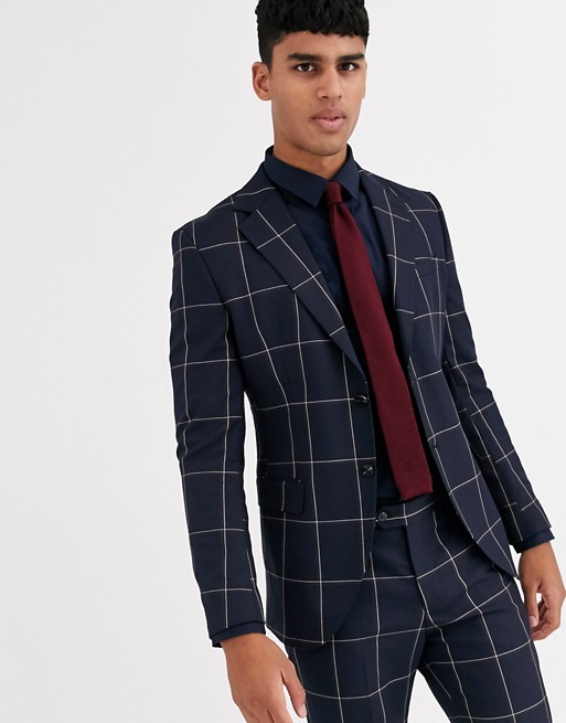 Jack & Jones Premium skinny fit window pane double breasted suit jacket in navy