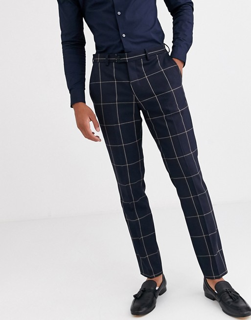 Jack & Jones Premium skinny fit window pane suit trousers in navy