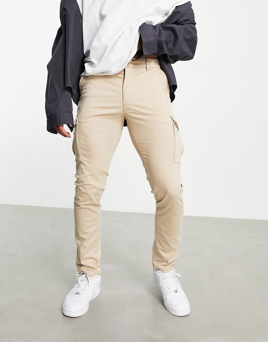 Jack & Jones Premium skinny stretch cargo pants in beige-Neutral