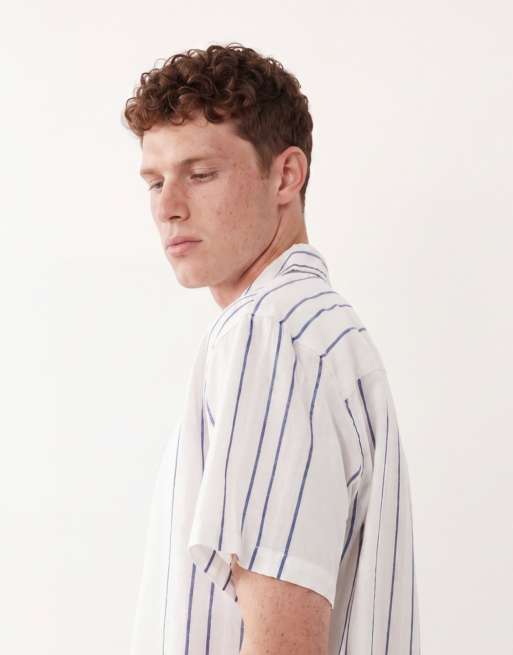 Jack & Jones Premium skjorte i hørblanding med korte ærmer og blå striber i hvid, 4 af 5