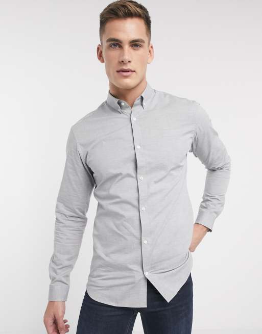 Jack & Jones Premium slim fit button down shirt in light grey | ASOS