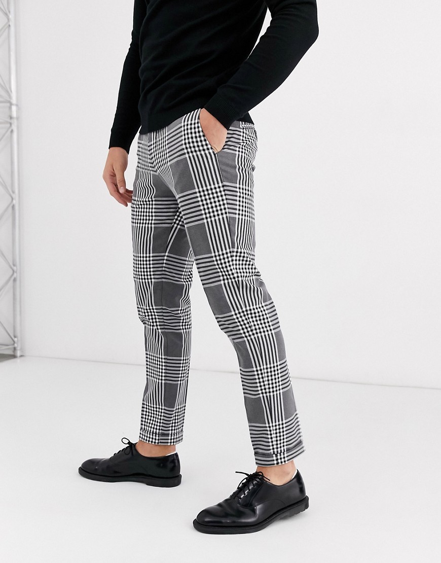 Jack & Jones Premium slim fit cropped large check smart trousers in grey Grey