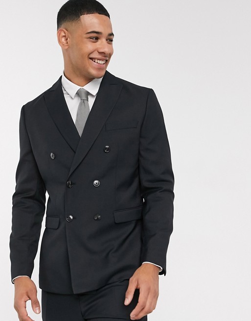 Jack & Jones Premium slim fit double breasted wool mix suit jacket in black