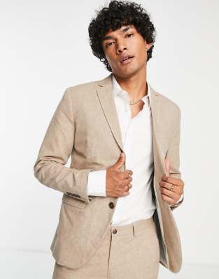 JACK & JONES PREMIUM SLIM FIT LINEN SUIT JACKET IN SAND-NEUTRAL