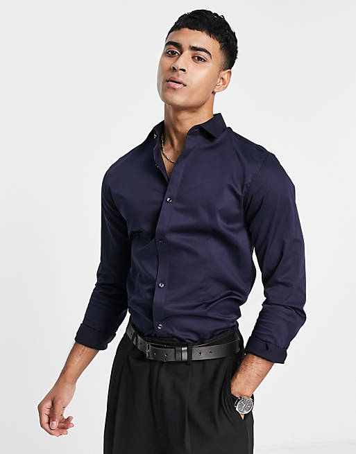 Jack & Jones - Premium - Slim-fit net overhemd met stretch in marineblauw