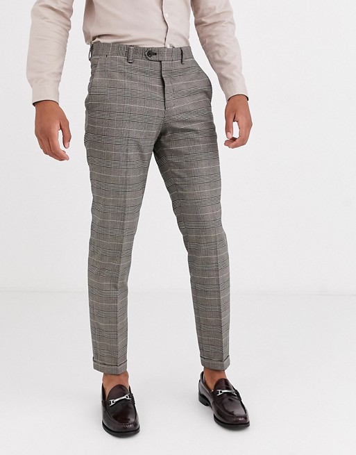 Jack & Jones Premium slim fit prince of wales check suit trousers in brown
