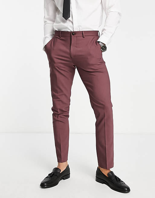 Men Jack & Jones Premium slim fit sateen suit trousers in burgundy 