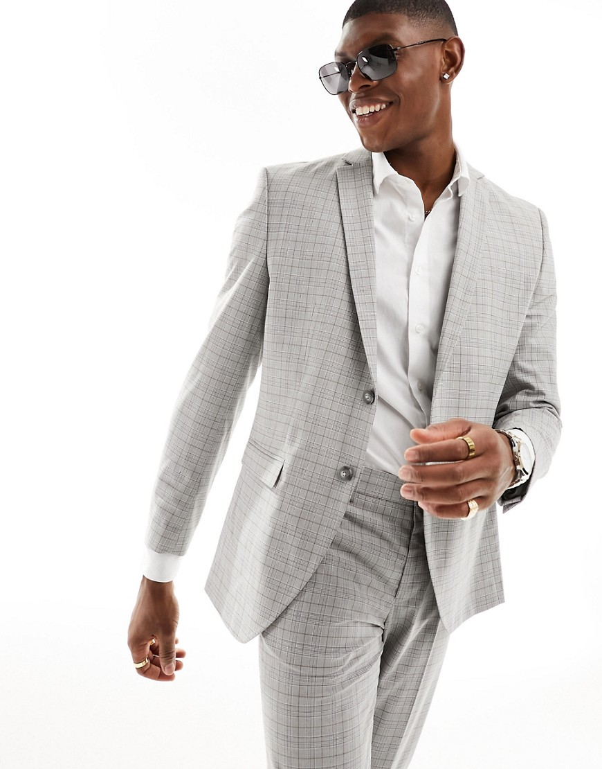 Jack & Jones Premium slim fit suit jacket in beige check-Neutral