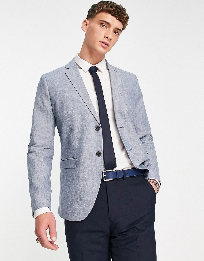 Jack & Jones Premium Slim Fit Suit Jacket In Light Blue Linen Mix