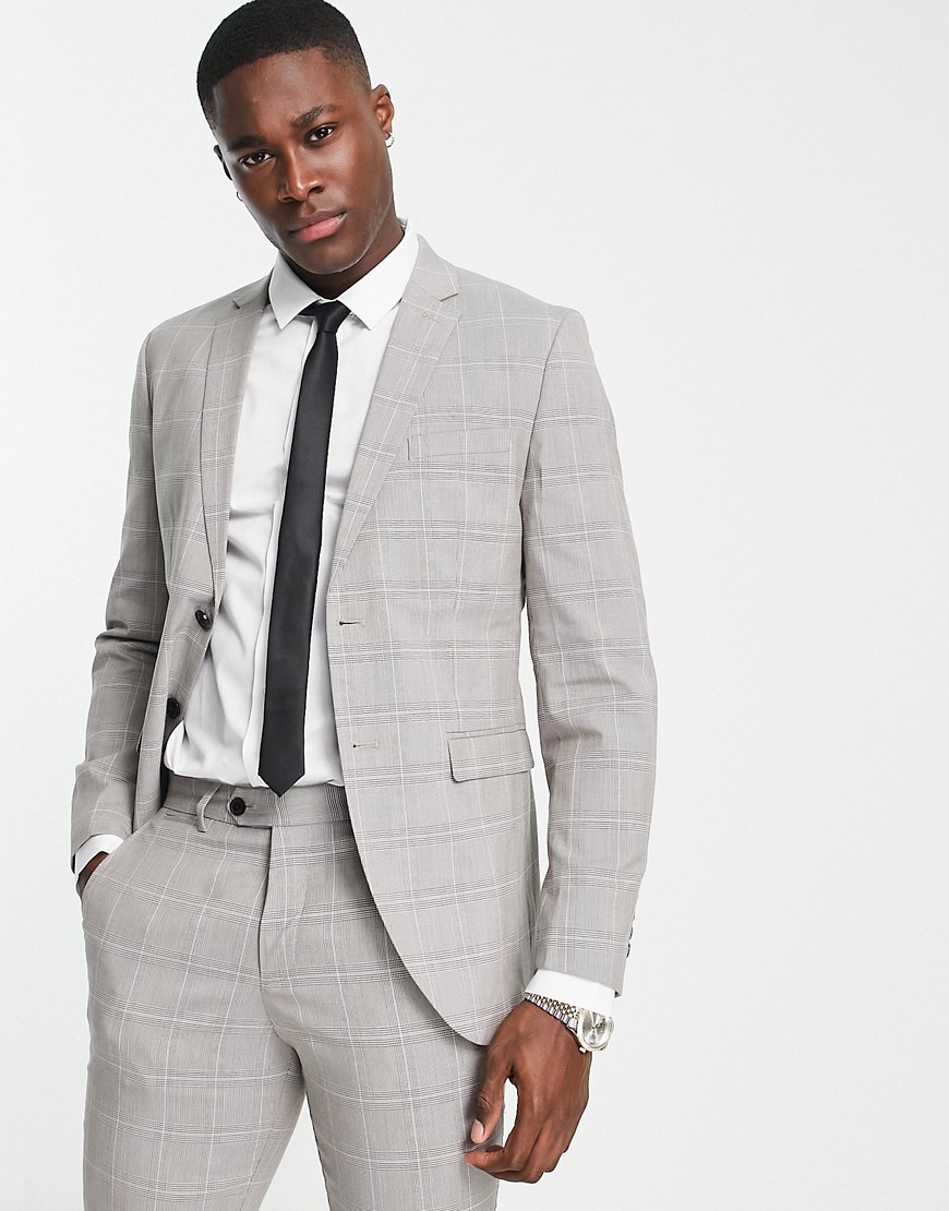 Jack & Jones Premium slim fit suit jacket in light grey check-Neutral
