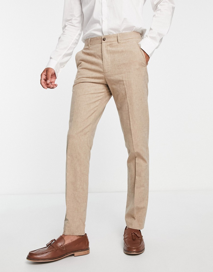 Jack & Jones Premium slim fit suit pants in beige linen mix-Neutral