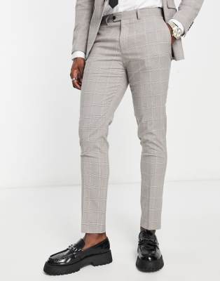 Premium slim fit suit pants in light gray check-Neutral