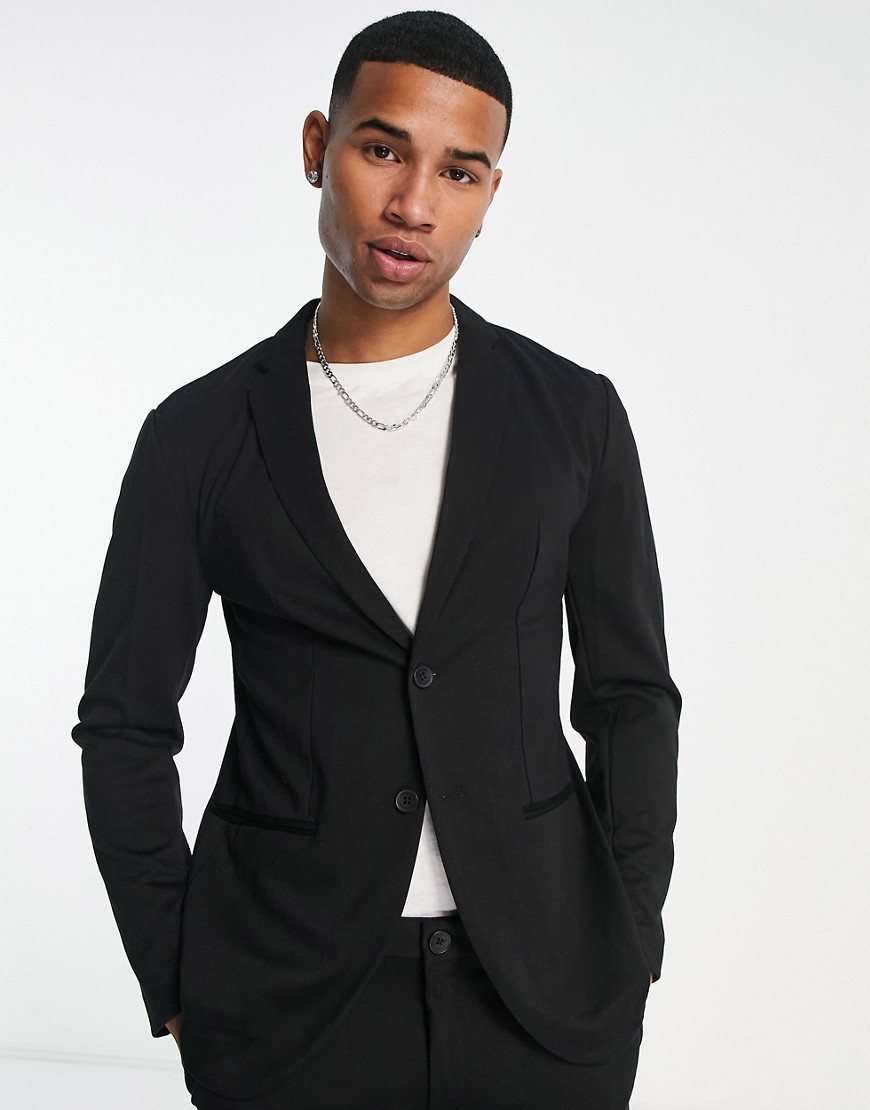 Jack & Jones Premium slim jersey suit jacket & trouser in black