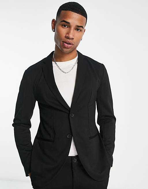 Jack & Jones Premium slim jersey suit jacket & trouser in black | ASOS