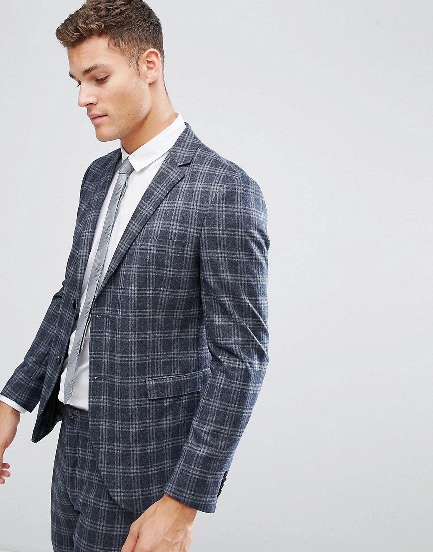 Jack & Jones Premium Slim Suit Jacket In Wide Check-Navy