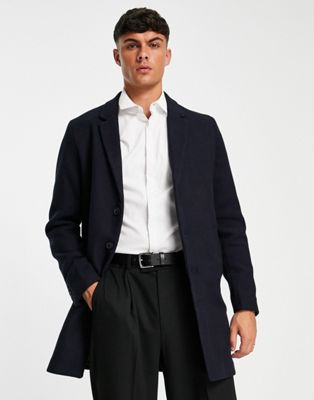 Jack & Jones Premium wool overcoat in navy - ASOS Price Checker
