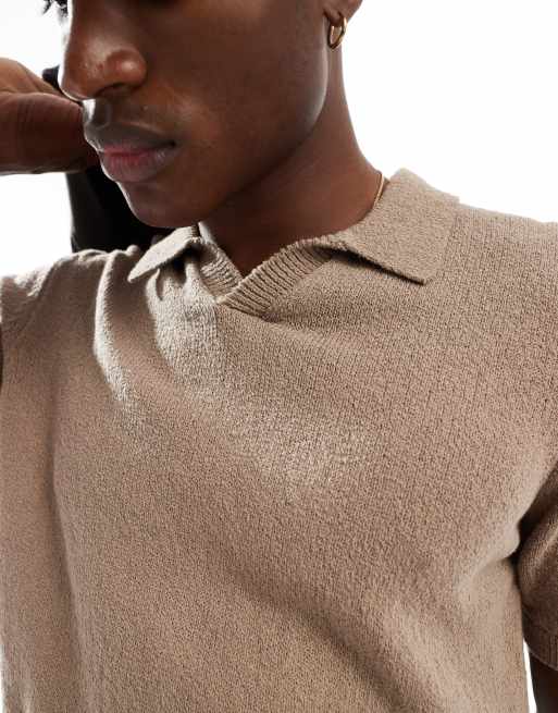 Jack & Jones Premium split neck boucle texture polo shirt in tan
