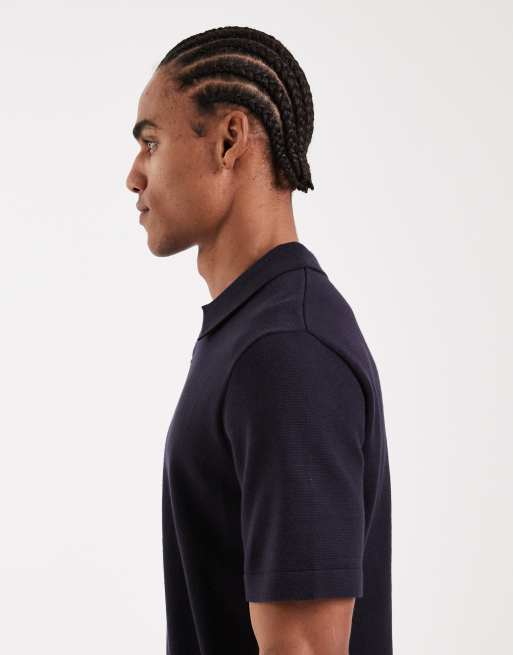 Jack & Jones Premium split neck knitted top in navy, 4 of 5