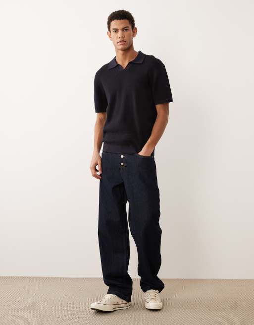 Jack & Jones Premium split neck knitted top in navy, 2 of 5