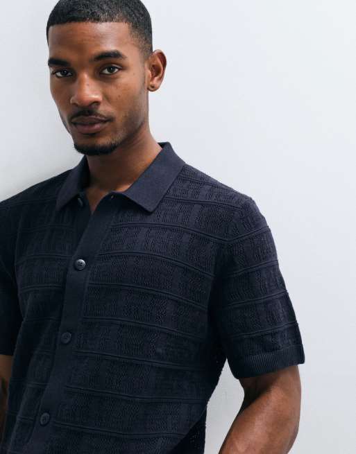 Jack & Jones Premium square pattern knit button down shirt in navy, 2 of 5