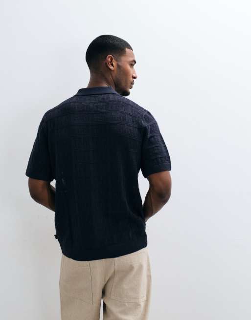 Jack & Jones Premium square pattern knit button down shirt in navy, 5 of 5