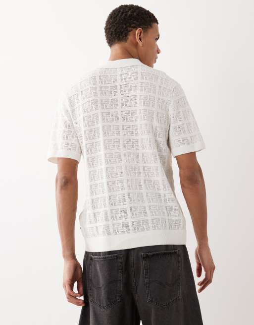 Jack & Jones Premium square pattern knit button down shirt in white, 5 of 5