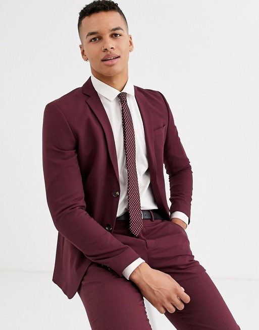 Jack & Jones Premium stretch plain suit jacket in burgundy