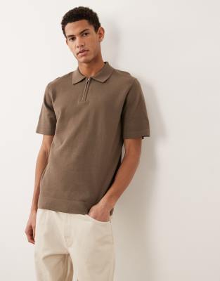 Premium - Strick-Polohemd in Braun mit kurzem Reißverschluss-Brown Brown XS