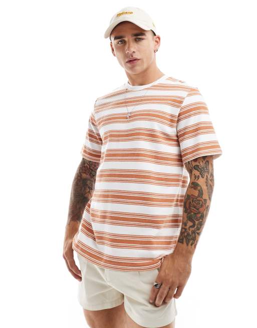 Jack & Jones Premium – Strukturiertes T-Shirt mit Streifen in gebranntem Orange