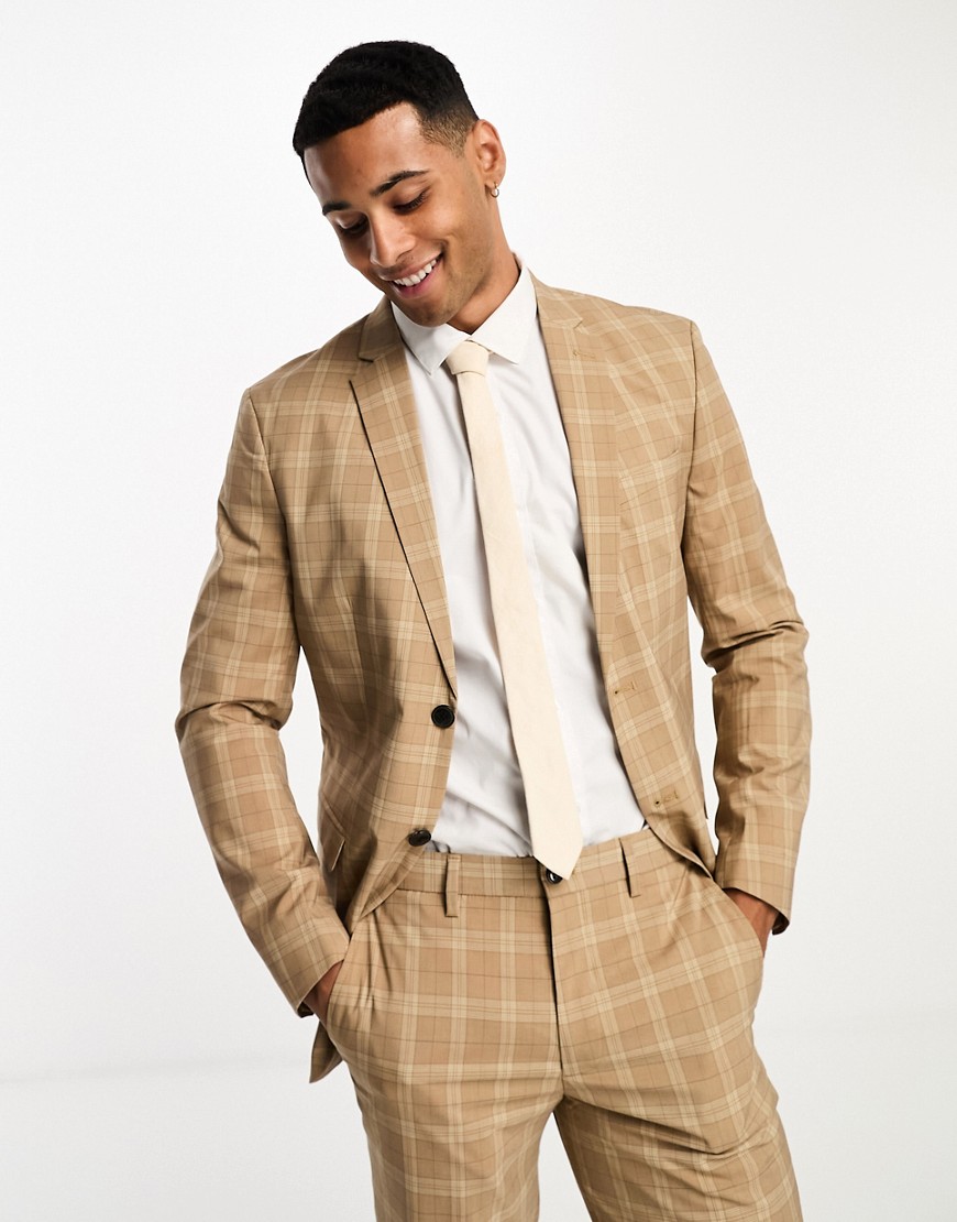 Jack & Jones Premium super slim fit suit jacket in beige check-Neutral
