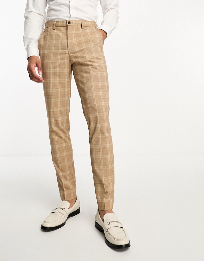 Jack & Jones Premium super slim fit suit trouser in beige check-Neutral