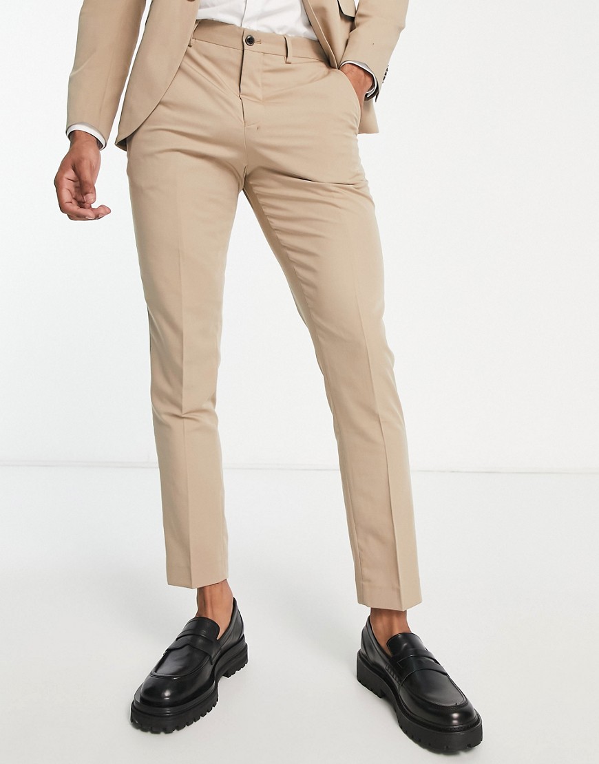 Jack & Jones Premium Slim Fit Suit Pants In Beige Linen Mix-neutral