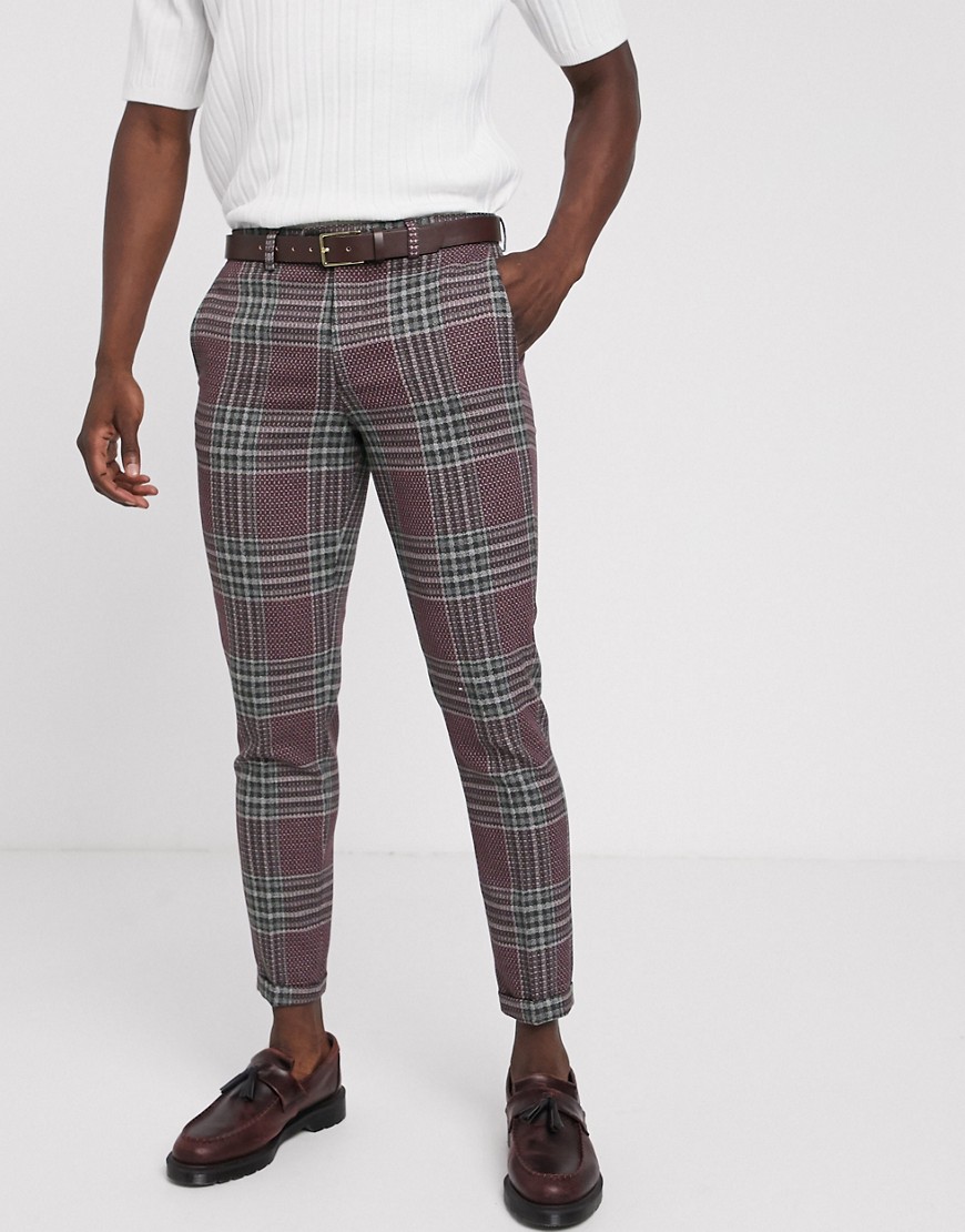 Jack & Jones Premium super slim suit trousers in wool check-Pink