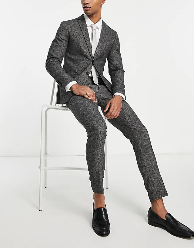 Jack & Jones - premium super slim tweed suit trouser in dark grey