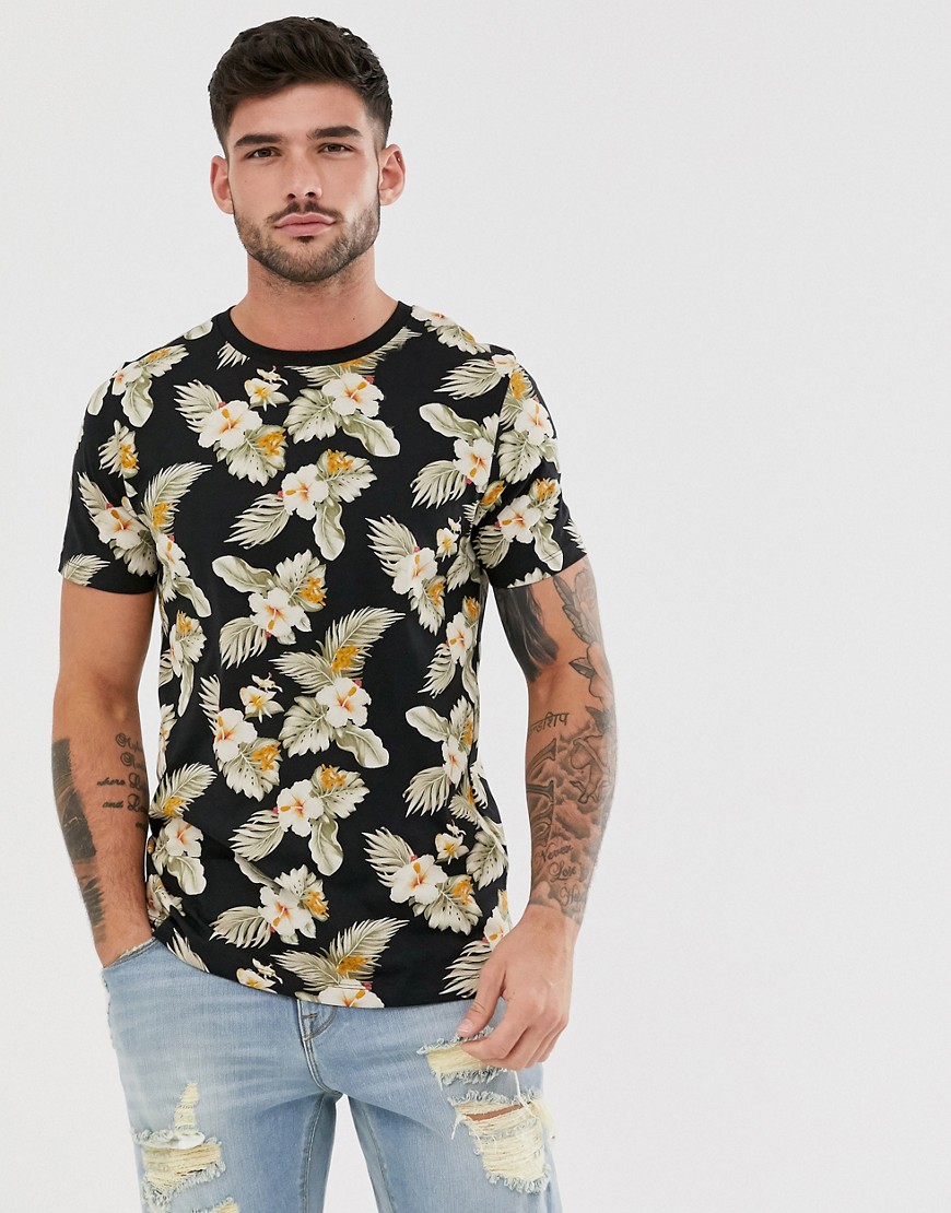 Jack & Jones – Premium – Svart blommig t-shirt