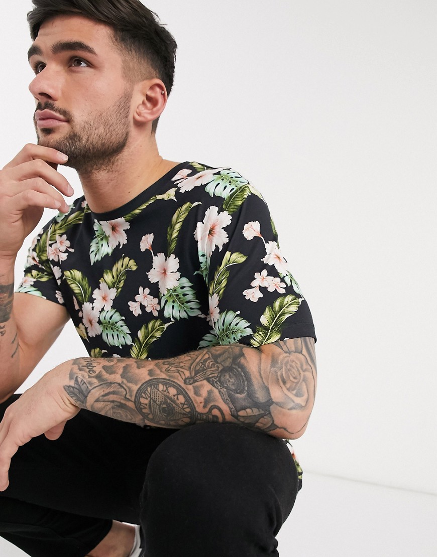 Jack & Jones Premium – Svart t-shirt med blomstermönster och smal passform