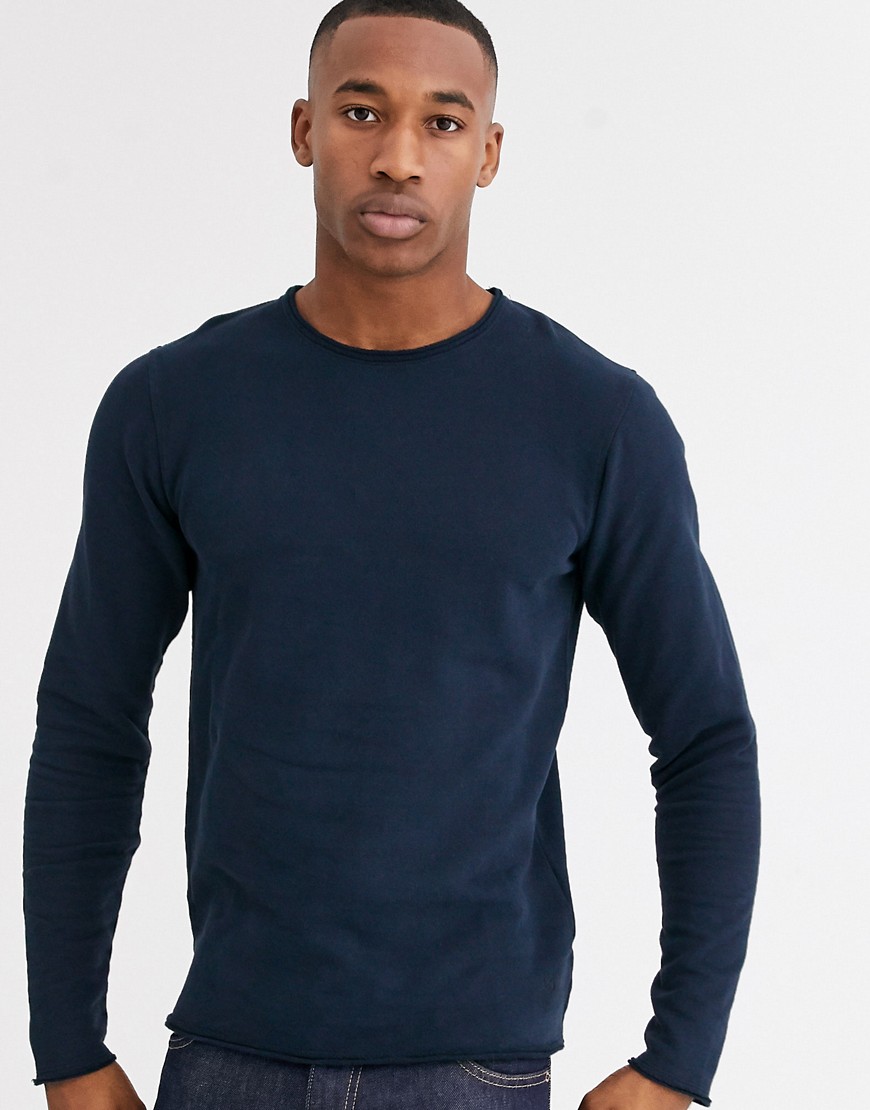Jack & Jones – Premium – Sweatshirt med rund halsringning och råskuren kant-Marinblå