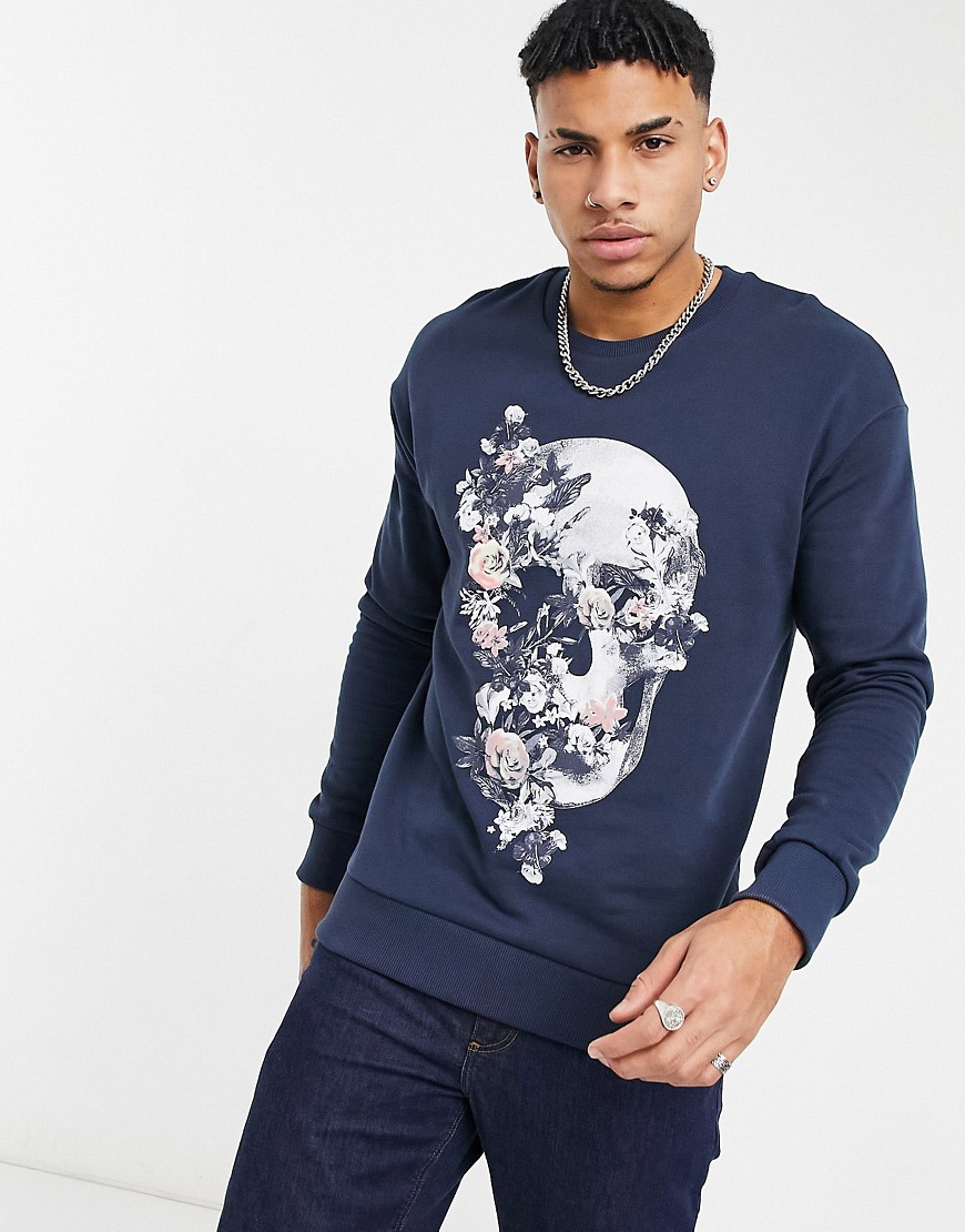 Jack & Jones Premium sweatshirt with floral skull print in navy