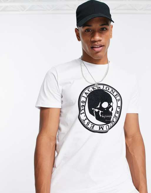 Jack Jones Premium T shirt avec t te de mort floqu e Blanc