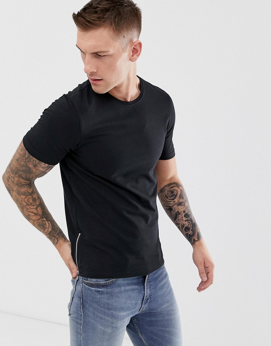 Jack & Jones Premium - T-shirt nera con zip laterali-Nero